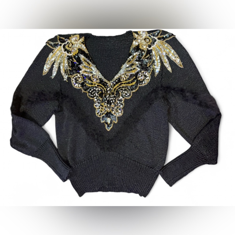 VINTAGE 1980s SIDEFFECTS BEADED/ FAUX FUR SWEATER